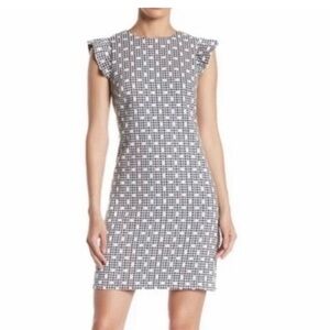 Eliza J - Black/White/Blue Ruffle Sleeve Dot Patterned Shift Dress - Size 10